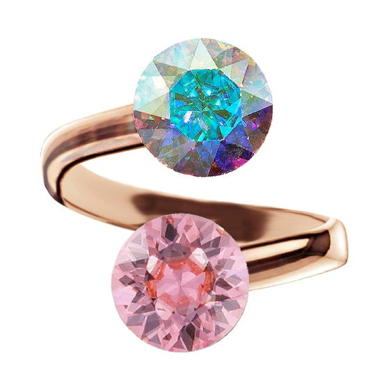 Rosegold gredzens ar zaļganigi dzelteno un gaiši rozā kristālu