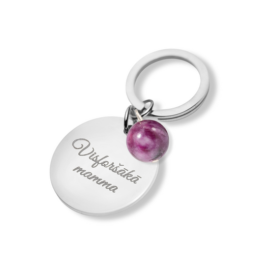 Keychain with personalized engraved locket and natural stone