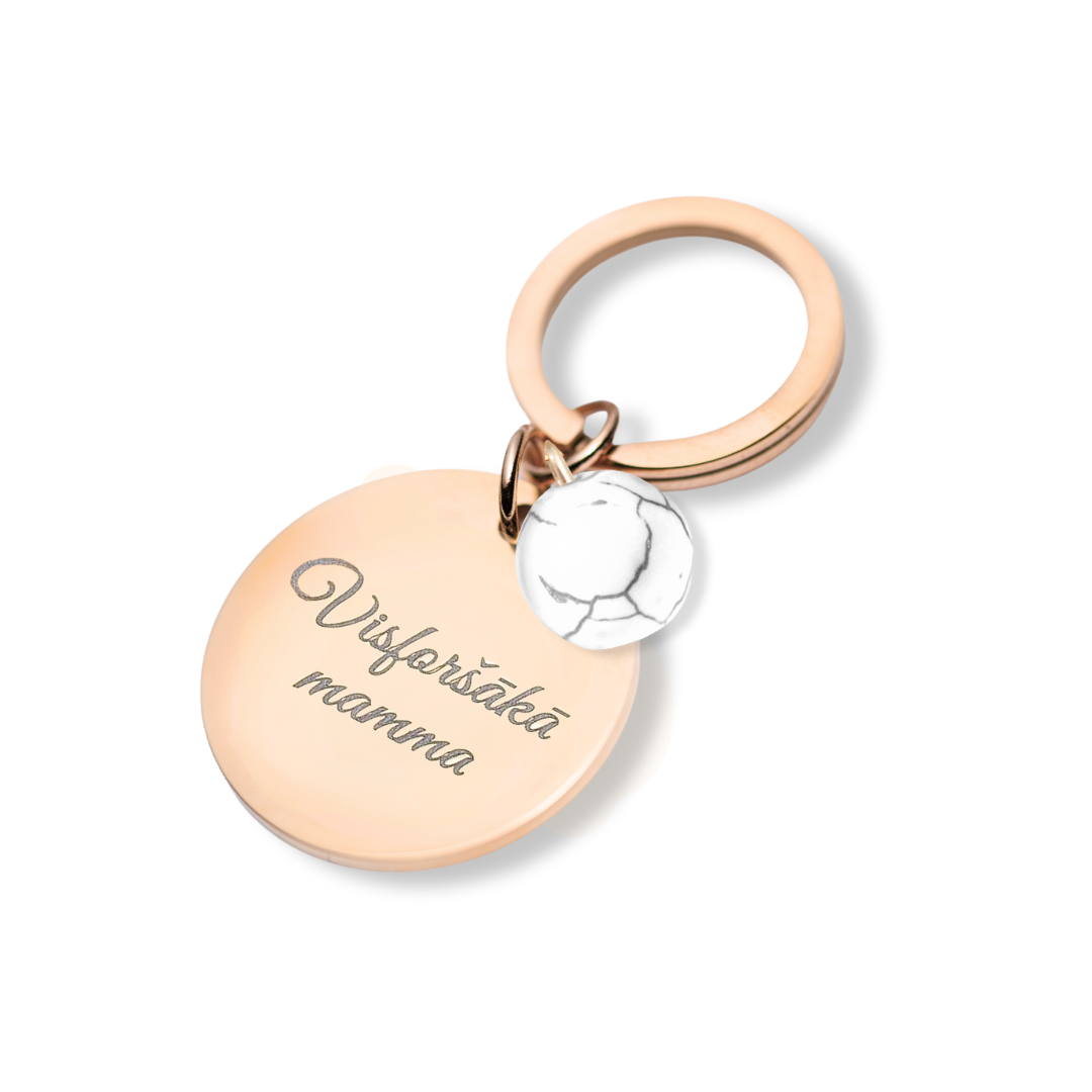 Atslēgu piekariņš ar personalizētu gravējumu un dabīgo akmeni magnezīts zelta
