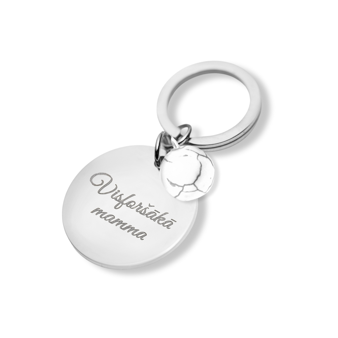 Atslēgu piekariņš ar personalizētu gravējumu un dabīgo akmeni magnezīts sudraba