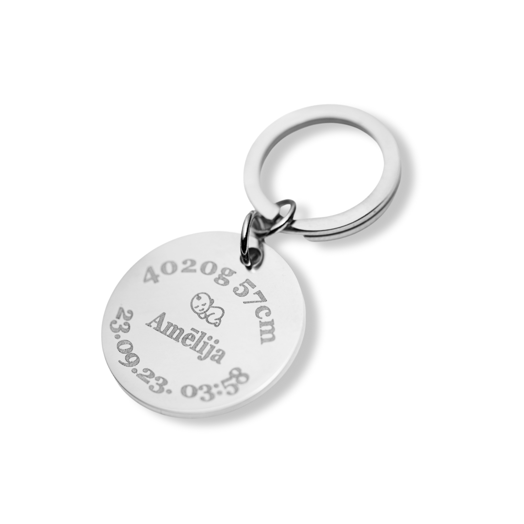 Personalizēts atslēgu piekariņš ar bērniņa datiem sudraba