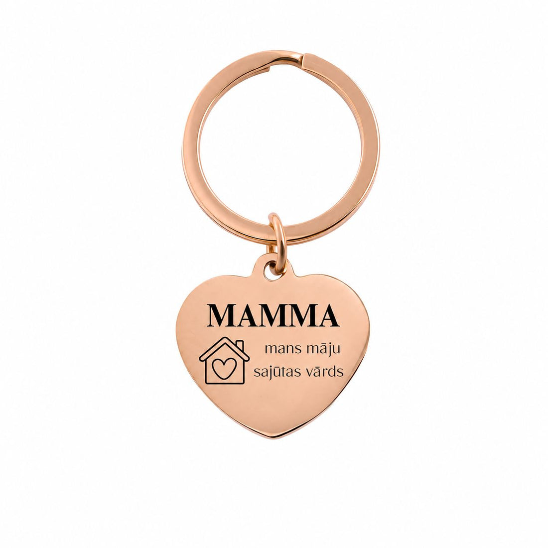 Sirds formas atslēgu piekariņš ar personalizētu gravējumu mammai, elegants un simbolisks dizains.