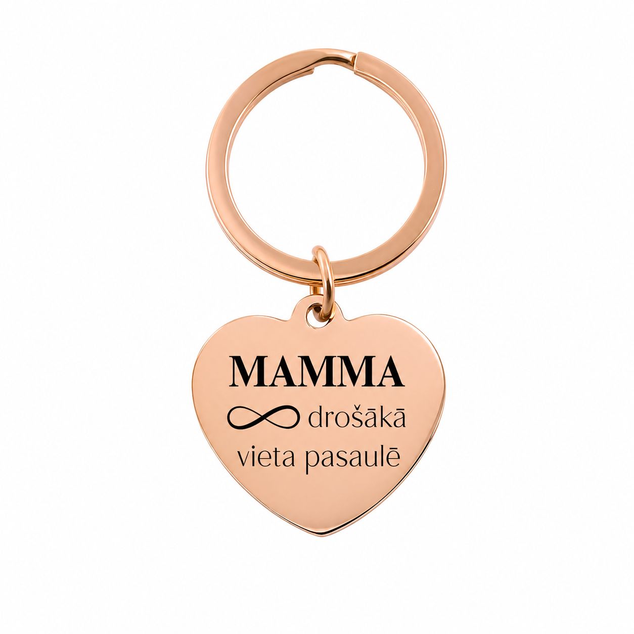 Sirds formas atslēgu piekariņš ar personalizētu gravējumu mammai, elegants un simbolisks dizains.