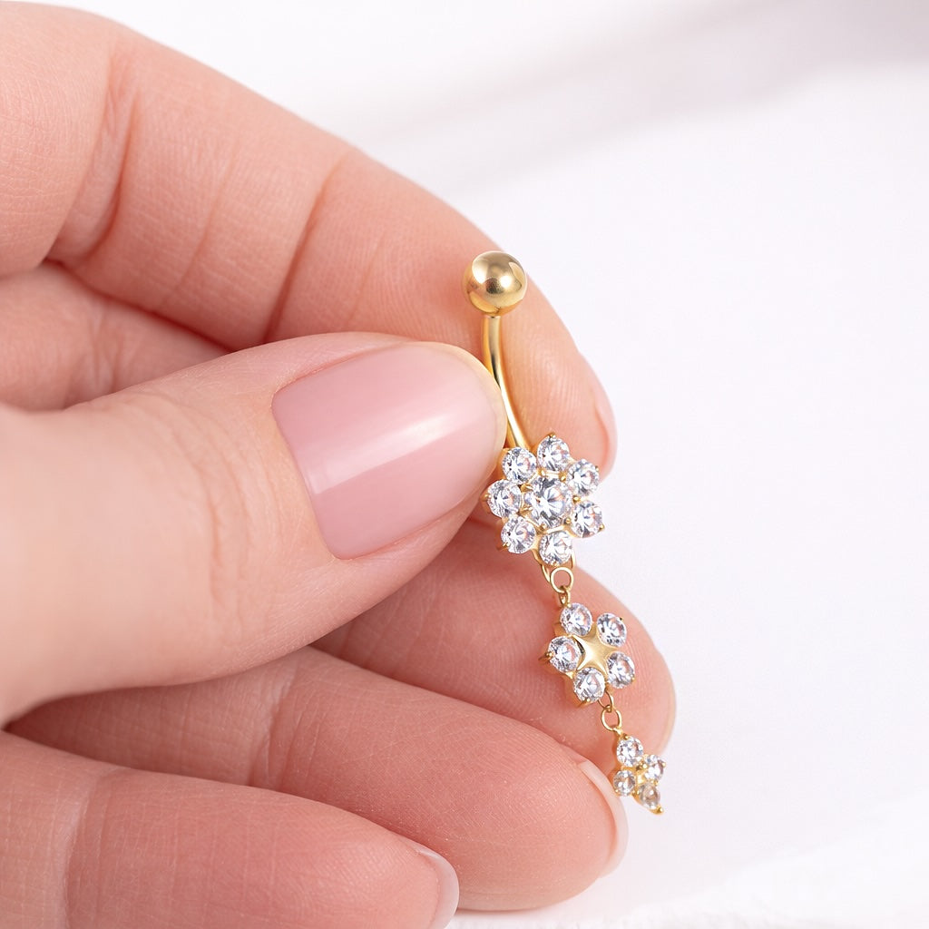 Skrūvējams vēdera pīrsings ar kristāliem