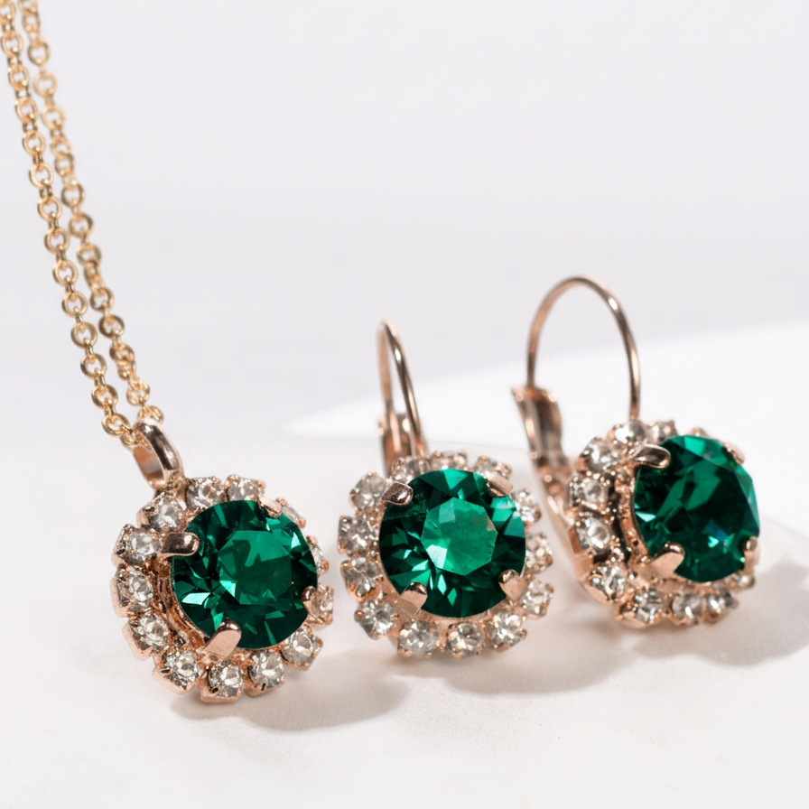 klasiskā stila rotu komplekts ar kristāliem emerald