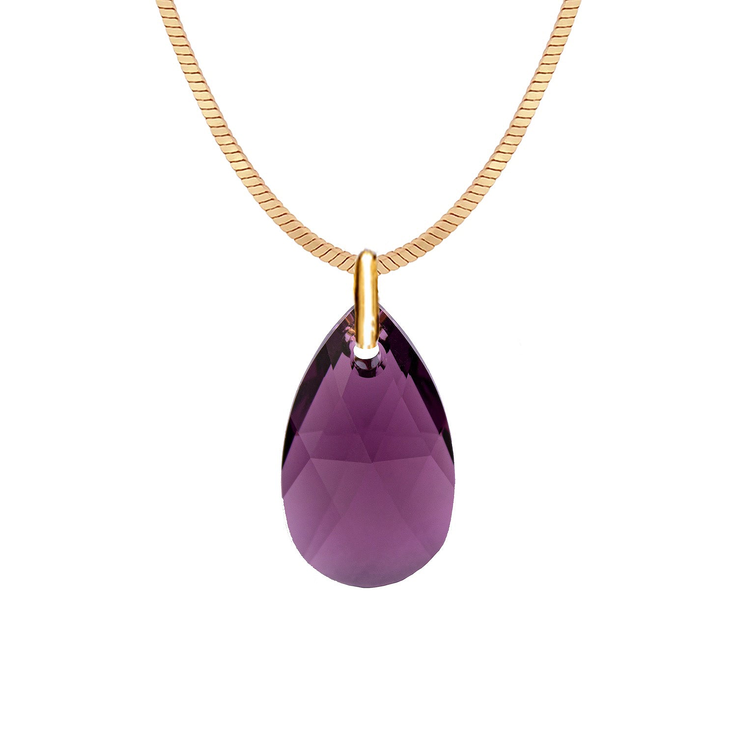 Antialerģiska apzeltīta kaklarota ar violetu kristālu lāsītes kulonu