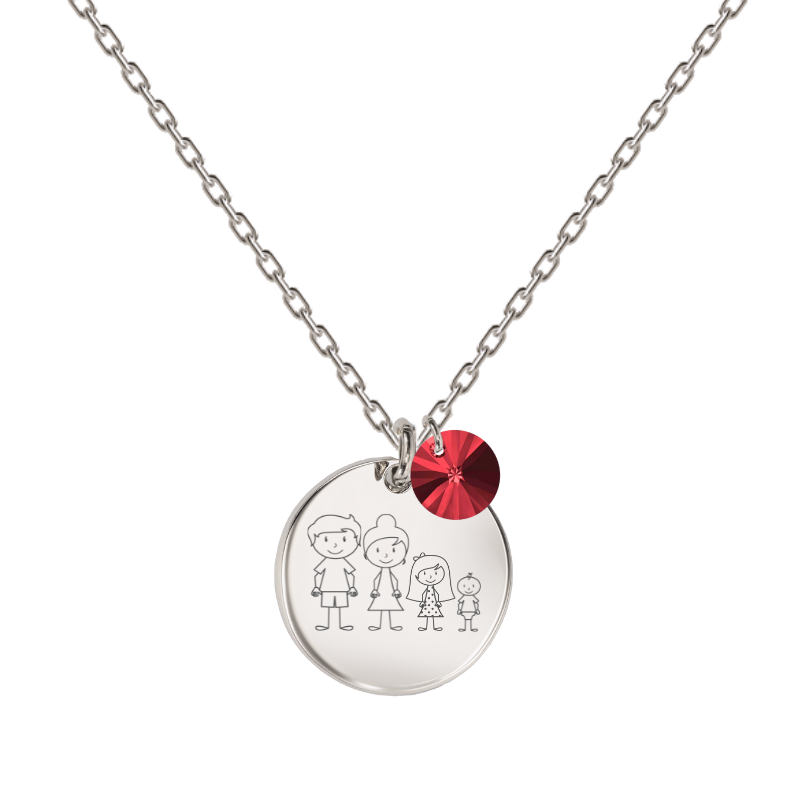 sudraba kaklarota ar personalizētu gravētu ģimenes medaljonu ar sarkanu kristālu